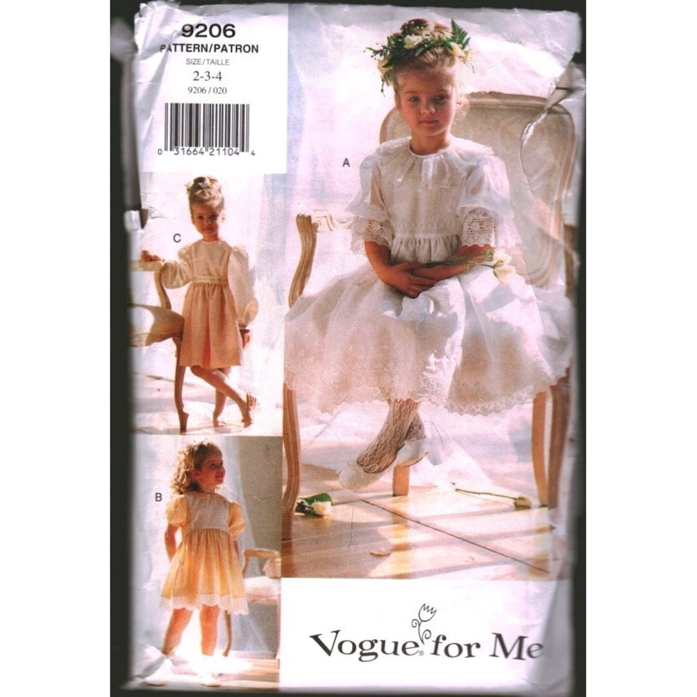 Vogue 9206 Childrens Dress Sewing Pattern‎ Size 2 3 4 Flower Girl Formal cut